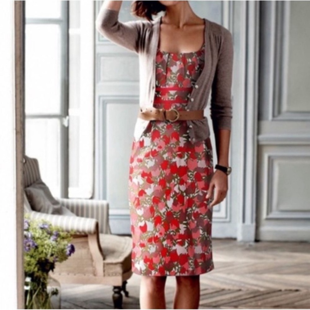 Boden Pink Tulip Print Valentine Dress Midi Sheath Size 14 Long